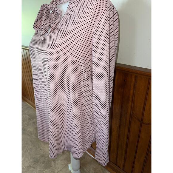 Womens Adrianna Papell Blush Pink Black Polkda Dot Tie Neck Long Sleeve Blouse M - Picture 4 of 8